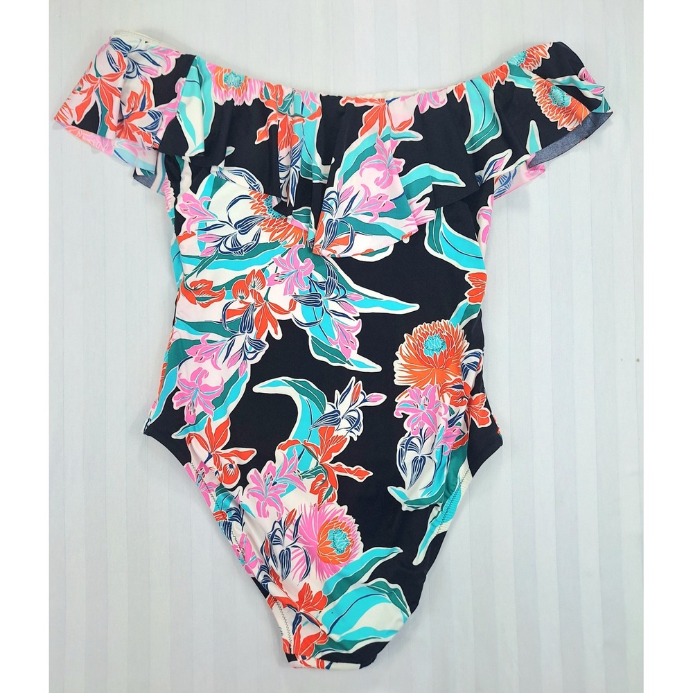 Trina Turk Womens Floral Off The Shoulder Ruffle One Piece Swimsuit Black Size 8 - Picture 5 of 5